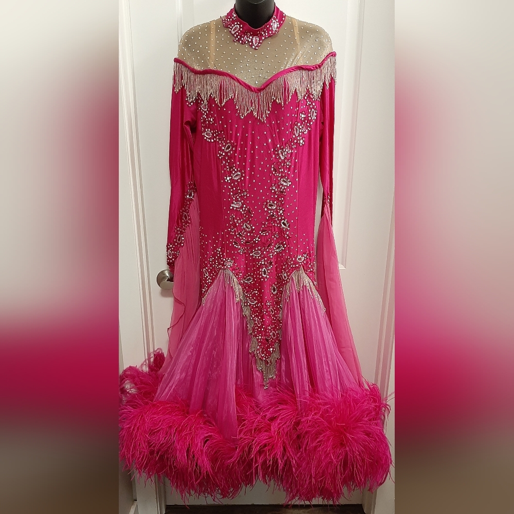 Vintage Fushia Ballgown Stunning Lace Beads Rhinestone Feathers Handmade